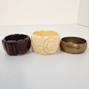 Vintage Brass Wood Bangle Bracelet Set Floral Roses Boho Bohemian Jewlery 1970s